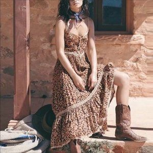 NEW Tan/Black Leopard Print Boho Tie Waist Maxi Dress